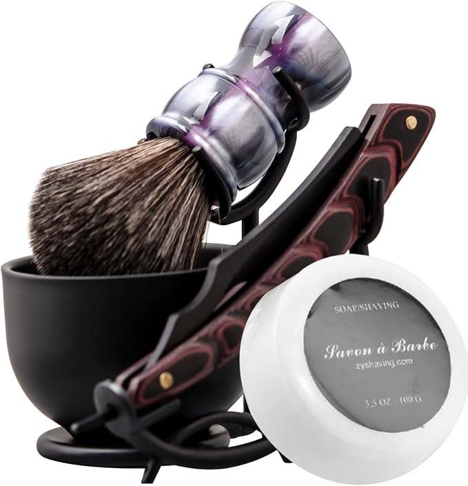 Grandslam Shaving Kit - Straight Razor Leather Strop Bowl &amp Stand Shaving Brush Soap - Gift for Men