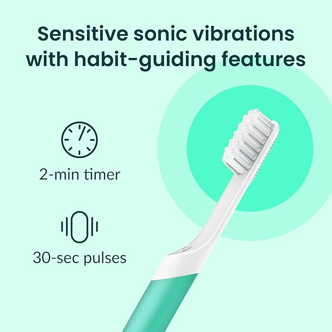 Quip Sonic Toothbrush for Adults with Timer - Includes Extra Brush Head and Travel Cover Mount - Electric Soft Bristle Refill Head Plastic Handle 3 Month Battery Life - Travel Toothbrush - Green
