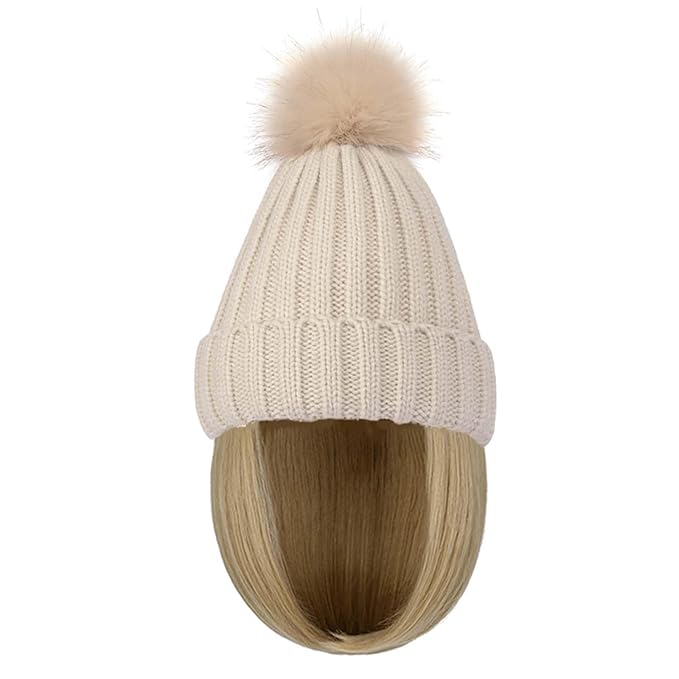 Women Caps with Hair Knit Beanie Cap with Extensions Short Straight Hairstyle Hat Wigs Winter Knitted hat bob Wig