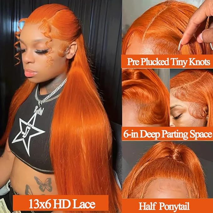 Lace Front Wigs Human Hair Pre Plucked HD Transparent Lace Frontal Wig Bralizian Virgin Human Hair Tiny Knots Natural Hairline with Baby Hair (Ginger Orange 24 Inch)