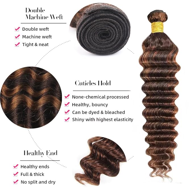P430 Highlight Brown Bundles Human Hair Dark Brown Deep Wave 3 Bundles 26 26 26 Inch Unprocessed Brazilian Virgin Remy Hair Chocolate Brown Human Hair Extensions