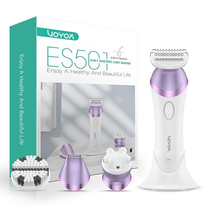 VOYOR Electric Razors for Women 4 in 1 Bikini Trimmer Foil Shaver for Women 4 Replacement Heads for Body Pubic Hair Trimmer Cleansing Massage 2 Adjustable Speeds Rechargeable Shaver ES501 (Purple)