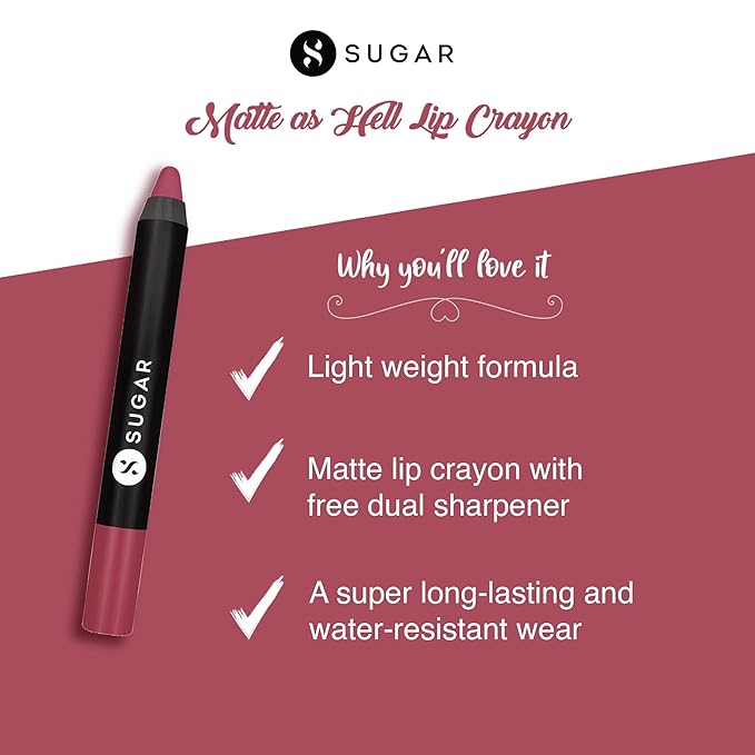 SUGAR Cosmetics Matte as Hell Crayon Lipsticks for Women Lasts Up To 8+ Hours Lip Crayon with Sharpener - 2.8 g (Pack of 1) 28 Honey Rider