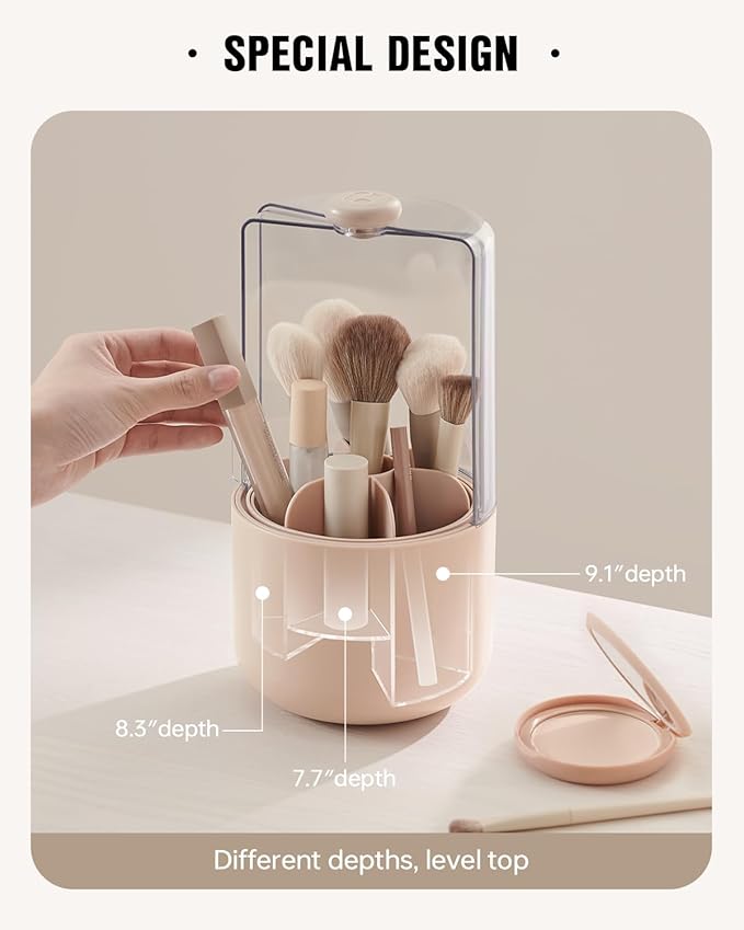 EACHY Makeup Brush Holder 360° Rotating with Dustproof Lid Waterproof Material 7 Compartments for Organized Storage Stylish and Durable Design for Vanity (White)