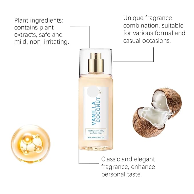 Vanilla Coconut Body Fragrance Mist - Long-Lasting Scent Portable &amp Refreshing Enhances Natural Charm(2PCS)