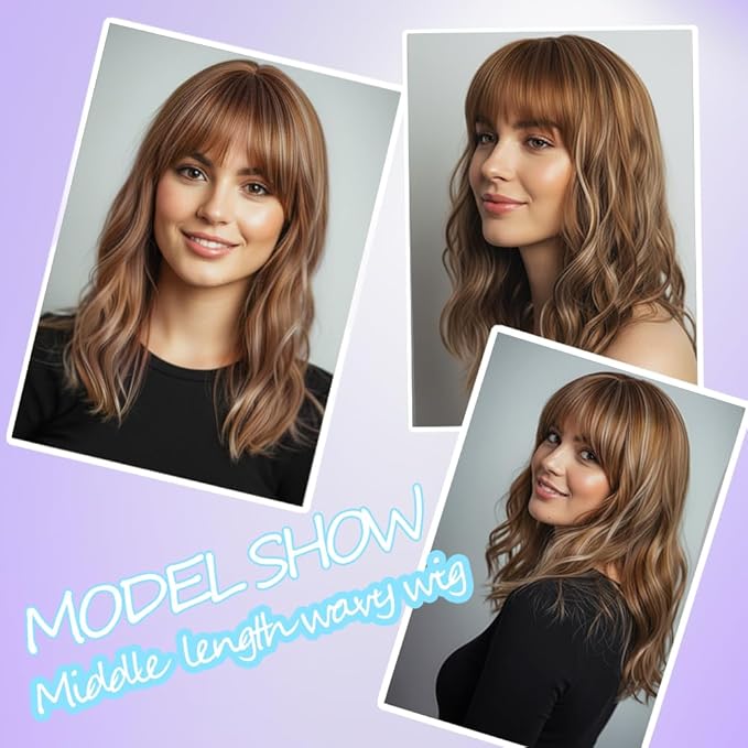 Light Brown Wigs with Highlight for Women Synthetic 16 inch Medium Length Wigs with Bangs Natural Long Wavy Fringe wig Heat Resistant Hair for Daily Party Use(16 inch)