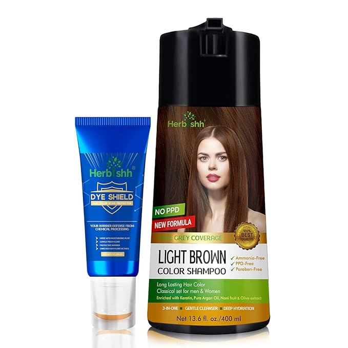 Herbishh Light Brown 3 in 1 Hair Dye Shampoo 400 ML PPD Free + Hair Color Stain Protector ? Dye Shield or Defender for Skin