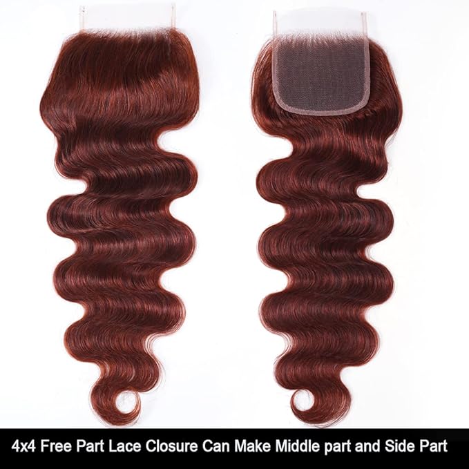 UNICE Reddish Brown Body Wave Human Hair 4x4 Lace Closure Free Part Brazilian Human Remy Hair Auburn Brown Body Wave Human Hair Closure 33B Color 18 inch