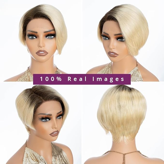 Side Part Black Human Hair Pixie Wigs HD Lace Front with Swept Bangs Short Curly Natural Color Glueless Cap for Women (Ombre Brown6 Inch)