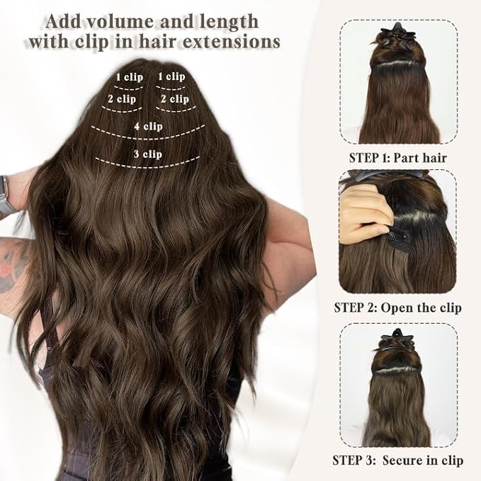 Vigorous Clip in Hair Extensions 20Inch Medium Brown Hair Extension 6Pcs Long Wavy Soft Synthetic Hairpieces for Women