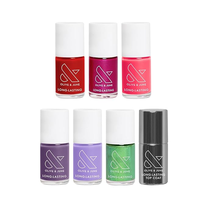 Olive &amp June Bolds Long Lasting Nail Polish Set | Includes 6 Shades (Bold &amp Unshaken Art Class Because I'm Green Lily Blooms CV Hot Strawberry) + Top Coat | Vegan Cruelty-Free | Salon-Qu