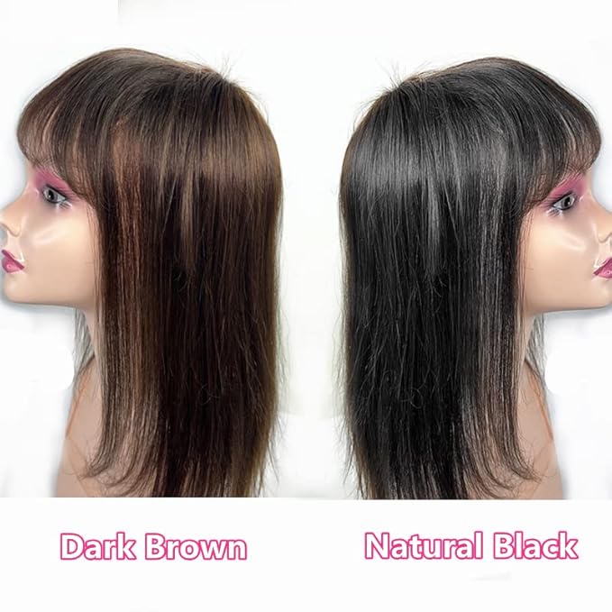 Anemone Thick Full Human Hair Topper For Women 14x14 cm Clip In Hairpieces With Air Bangs Straight Wiglets Toupee Cover Grey Thinning Hair (Dark Brown 14 inch)