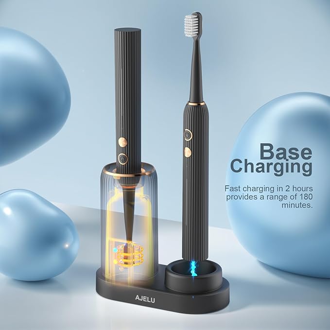 Sonic Electric Toothbrush for Adults with Drying Storage Holder 8 Brush Heads Smart Timer USB Rechargeable Deep Clean Power ? Classic Black Edition