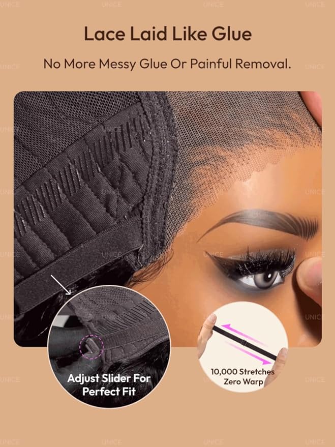 UNICE Bye Bye Slip Wig Feathered Layer Side Part Human Hair Glueless Wigs with Secure Silicone Strips and Drawstring 200% Density Flexible Mesh Cap Bleached Knots Pre Everything Wig 12 Inch