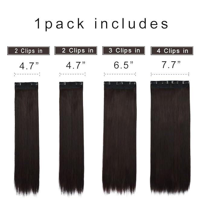 REECHO 20 Straight Long 4 PCS Set Thick Clip in on Synthetic Hair Extensions Dark Brown with Little Reddish