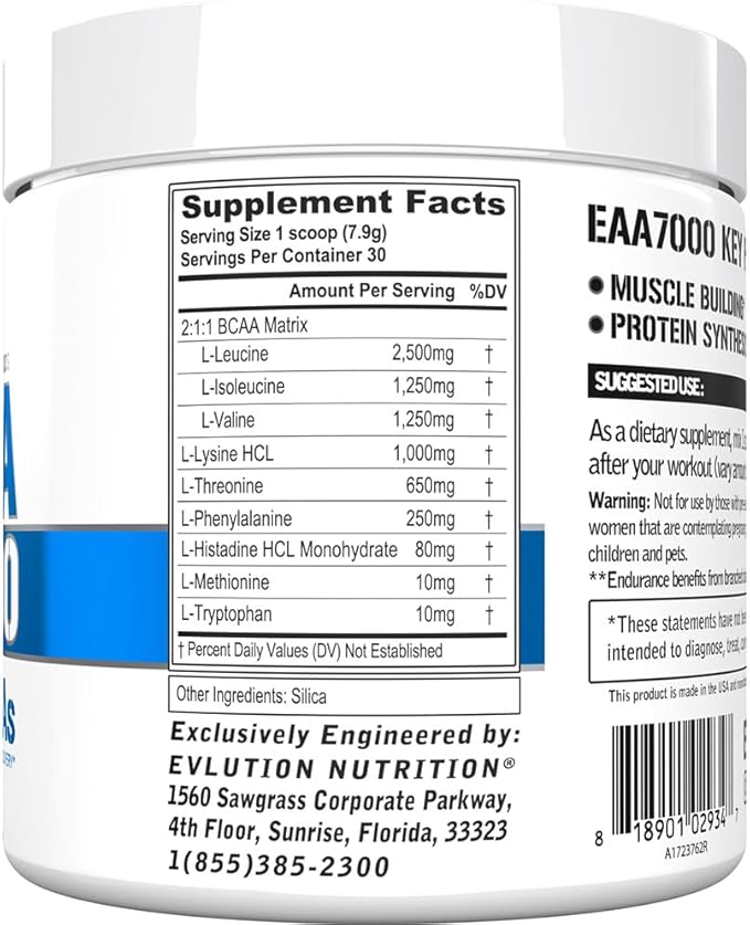 Evlution Nutrition EAA7000 - Pre &amp Post Workout Powder - Muscle Building + Recovery Supplement - 7g Essential Amino Acids + 5g BCAAs - Endurance + Energy Support - 30 Servings - Unflavored