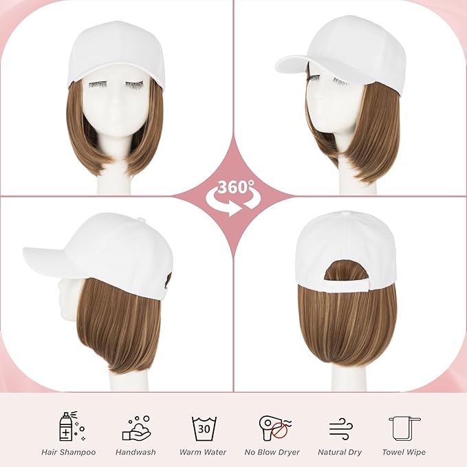 SEGO Hat Wig Hat with Hair Attached for Women White Baseball Cap with Hair Extensions Short Bob Baseball Cap Wig Adjustable Hats for Daily Party 6 Inch #10P22T Medium Brown Mix Dark Blonde