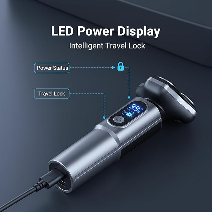 Electric Razor for Men.Wet/Dry Rotary Shaver Waterproof - USB Fast Charging &amp Sensitive Skin Care. 3-Blade Rotary Shaving System.LED Display Travel LockGray