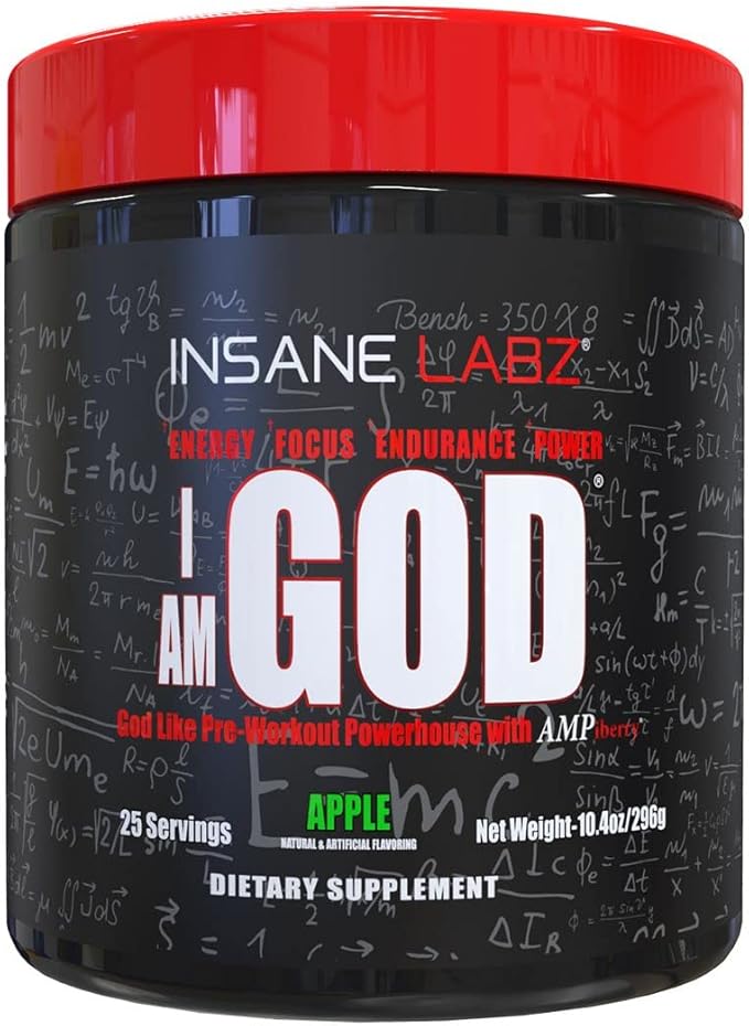Insane Labz I am God Pre Workout High Stim Pre Workout Powder Loaded with Creatine and DMAE Bitartrate Fueled by AMPiberry Energy Focus Endurance Muscle Growth25 Srvgs Apple