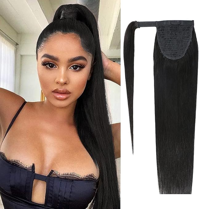 Ponytail Extensions Straight Human Hair Natural Black Magic Paste Wrap Around Ponytail 100% Real Remy Hair Extensions For Women 26 Inch 125g