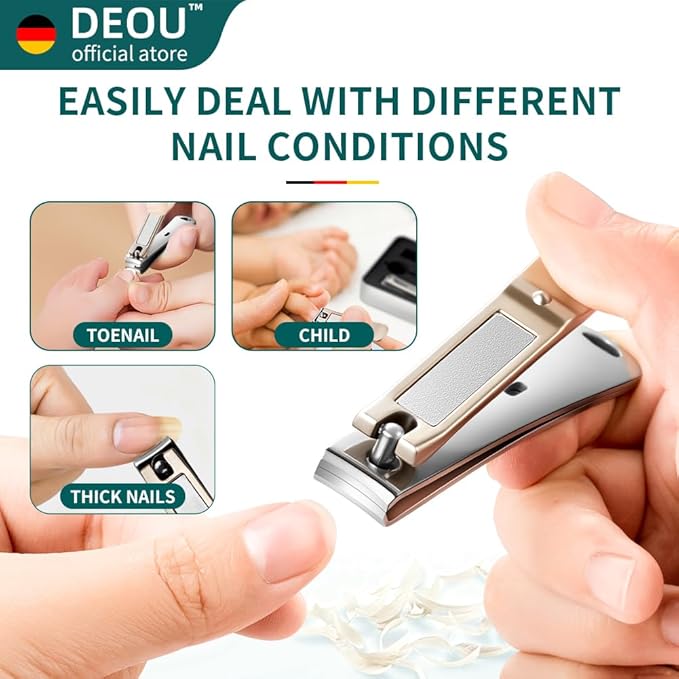 DEOU 3-in-1 Professional Nail Clipper Set - Stainless Steel Large/Medium Flat-Edge Clippers with Built-in Nail File Champagne-Colored Nail Care Tools Exquisitely Gift-Packaged for Home &amp Travel