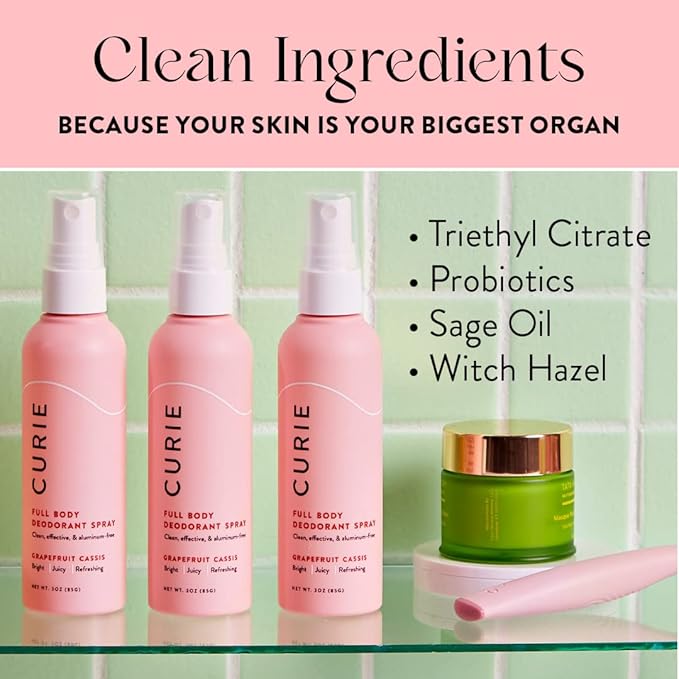 Curie Full Body Spray Deodorant for Men and Women Aluminum Free Deodorant with No Baking Soda 3oz (Grapefruit Cassis)