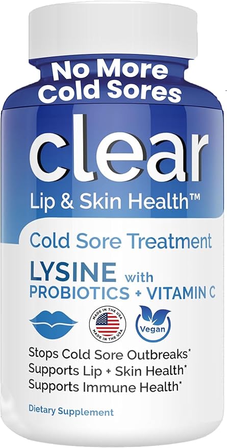 Lysine Cold Sore Treatment for Lips with Pre-Probiotics &amp VIT C | 1 Month Supply | Supercharged Lysine Capsules with Rhamnosus &amp Acidophilus for Cold Sores Relief Skin + Gut Health &amp Immu