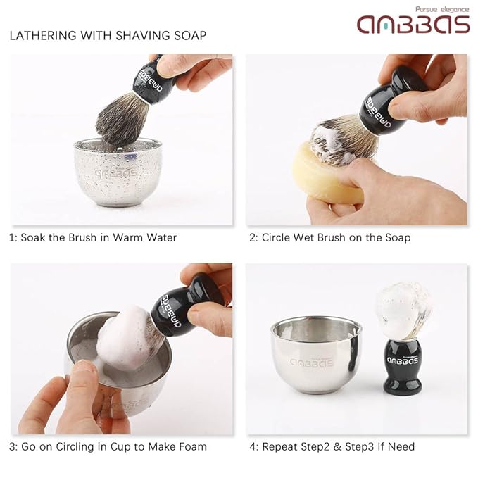 Anbbas Pure Badger Bristles Shaving Brush Black Wood Handle and Refill Soap Bar 100gStainless Steel Shaving Stand and Soap Cup Kit Perfect for Men