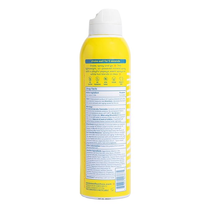 Seaweed Bath Co. Kid's Mineral SPF 50 Broad Spectrum Sunscreen Spray 6 Ounce (Pack of 2) Papaya Scented Water Resistant Tear Free Sensitive Formula with Zinc Oxide Rainbow Seaweed Watermelon
