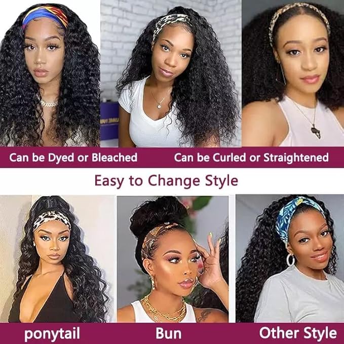Curly Headband Wig Human Hair 10 Inches Headband Wig Deep Wave Human Hair Wigs with Headband True to Length Natural Color