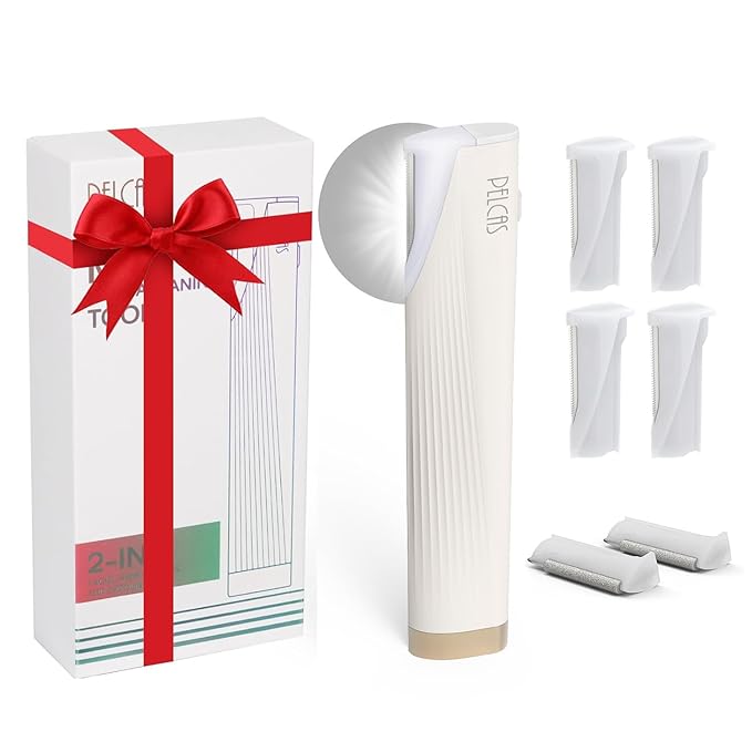 PELCAS Electric Dermaplaning Tool for Face with LED Light Mini Facial Dermaplaning Razor Kit Painless 3 Speeds Facial Peach Fuzz &amp Hair Removal at Home for Women with 6 Blades Off White