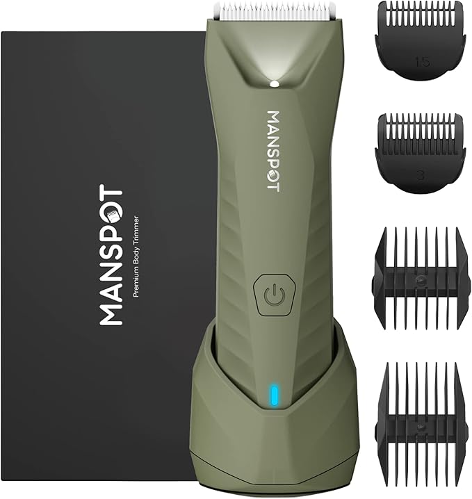 MANSPOT Manscape Trimmer for Men Ball/Pubic/Groin Electric Body Hair Trimmer Replaceable Ceramic Blade HeadsWaterproof for Wet/Dry UseStanding Recharge Dock90 Minutes Shaving After Charged(Green)