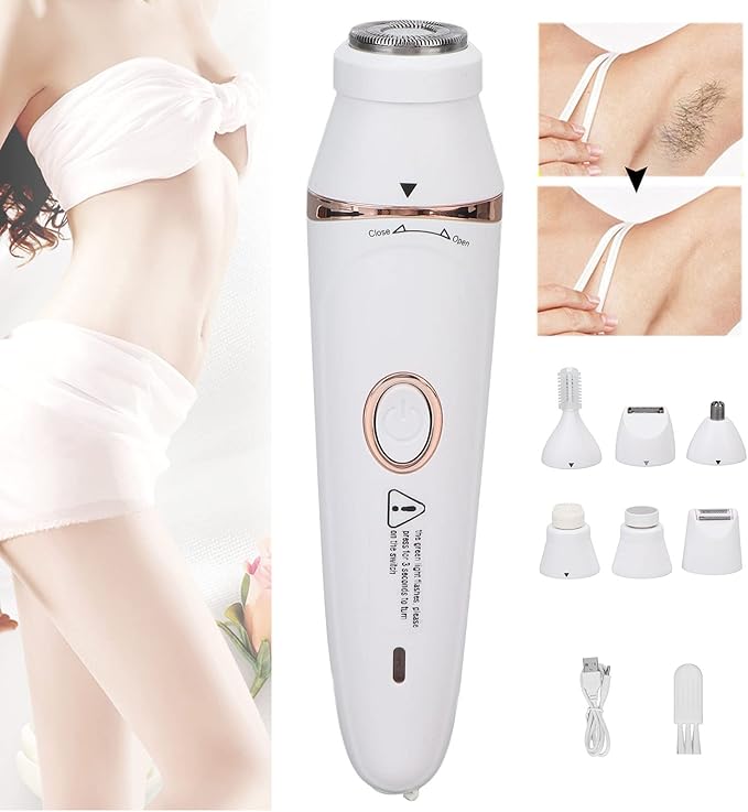 Pyhodi Essential Women Wet Dry Electric Shaver for Legs 3W Cordless Hair Removal Device Hair Trimmer 7 in 1 USB Whole Body Washable White Rechargeable Cordless Hair Clipper 300mAh