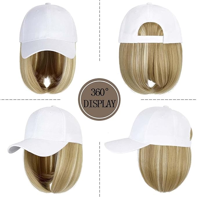 Woman Wig Baseball Cap with Hair Extensions Straight Short Bob Hairstyle Adjustable Wig Hat Duck Tongue Hat Wig