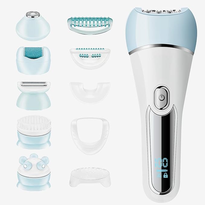 Epilator for Women 6 in 1 Hair Removal Epilator Shaver Face Razor Facial Brush Face Massage and Body ExfoliatorIPX7 Waterproof Rechargeable Hair Removal for Women 2 Speeds
