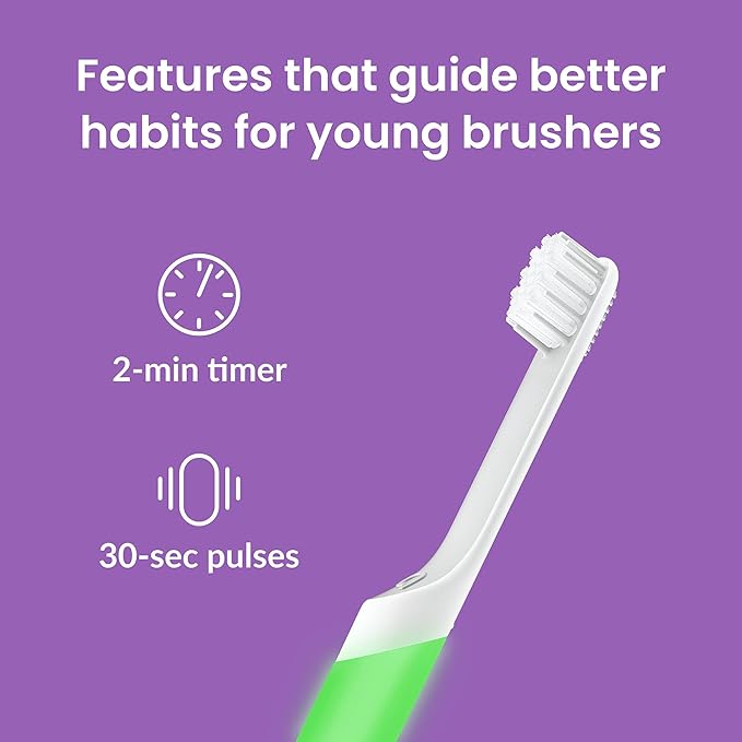 Quip Sonic Toothbrush for Kids with Timer - Includes Extra Brush Head and Travel Cover Mount - Electric Soft Bristle Refill Head Rubber Handle 3 Month Battery Life - Glow in The Dark Green