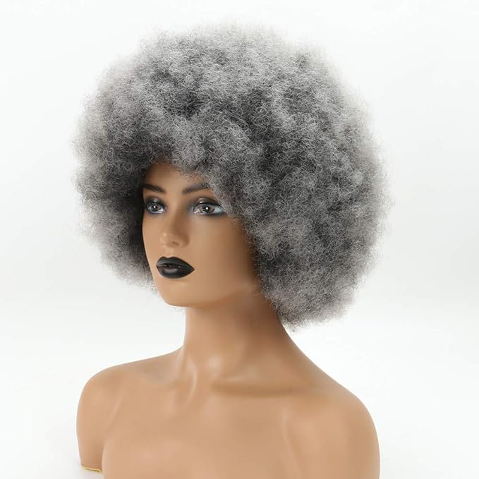 Short Afro Wig for Black Women Smoky Gray Afro Wigs Unisex Men Women Large Bouncy and Soft Natural Looking Hair Short Afro Kinky Curly Premium Synthetic Wig(Gray)