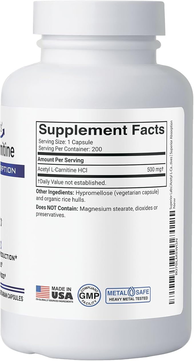 Superior Labs Acetyl L-Carnitine 500 mg High Potency ALCAR Pure Non-GMO Zero Synthetic Additives Maximum Absorption Energy &amp Fat Metabolism Brain Nerve &amp Cellular Detox Support (200 Ve
