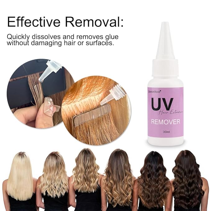 UV Hair Set Super Fast Remover UV Hair Extension Kit 30g UV Hair Glue with 30ml Glue Remover Anti-UV Shield Guards Replacement Accessories for UV Hair Extensions Metal Hair Clips