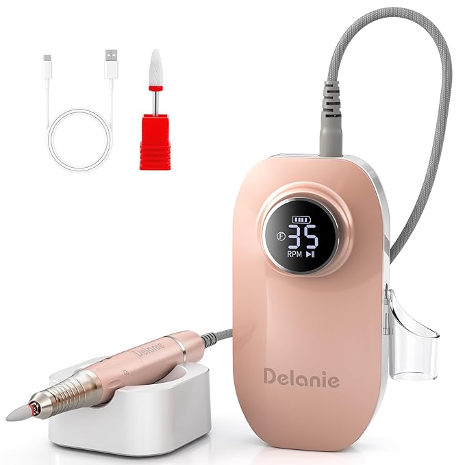 Delanie Brushless Nail Drill 35000 RPM Professional Rechargeable Portable Electric Nail File for Nail Tech Rose Gold