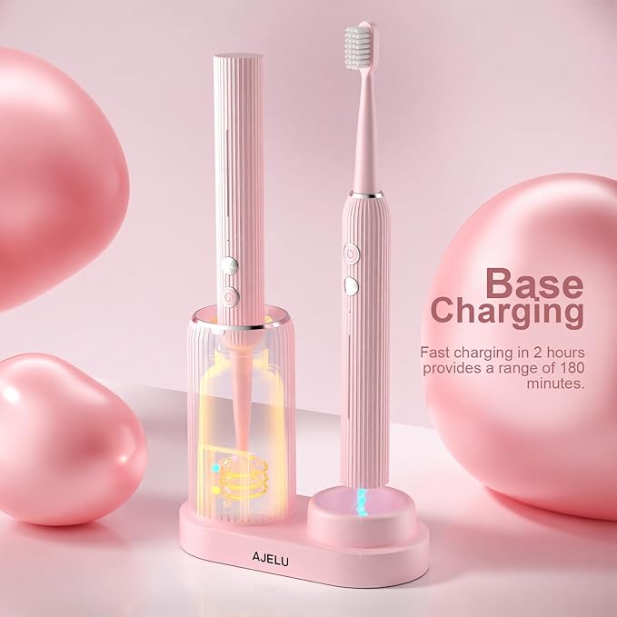 Electric Toothbrush Set for Women with UV Light Drying Holder 8 Brush Heads Smart Timer USB Rechargeable ? Soft Pink Edition