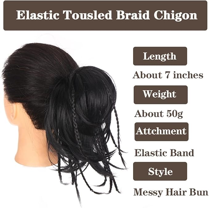 HIHELO Synthetic Straight Bun with Braids Extension Messy Bun Ponytail Hair Hoop Hair Accessories for Women Natural Wigs (Color : 06)
