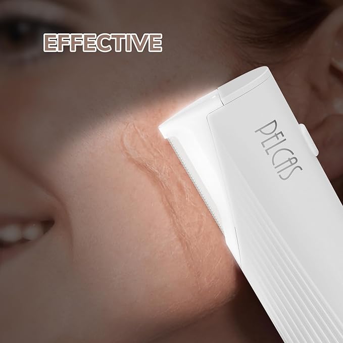 PELCAS Electric Dermaplaning Tool for Face with LED Light Mini Facial Dermaplaning Razor Kit Painless 3 Speeds Facial Peach Fuzz &amp Hair Removal at Home for Women with 6 Blades Off White