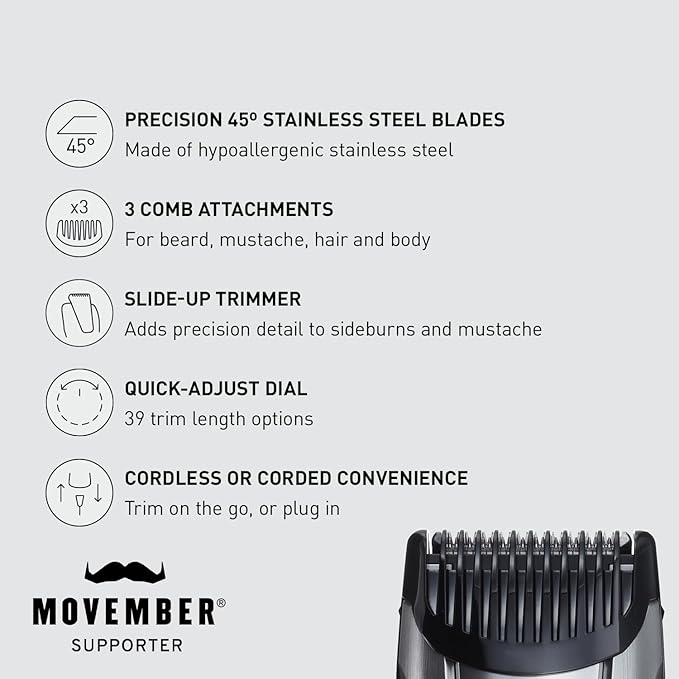 Panasonic Multi-Groomer Electric Beard Trimmer for Men Men?™s Trimmer for Beard Hair and Body 39 Trim Length Settings with 3 Attachments Corded/Cordless Operation ? ER-GB80-S (Silver)