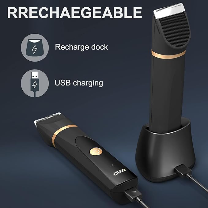 OLOV Electric Body Hair Trimmer - Groin Trimmer for Men - Bikini Trimmer Women - Wet/Dry Shaver Groomer Replaceable Ceramic Blade Heads USB Recharge Dock Waterproof Hygiene RazorBlack