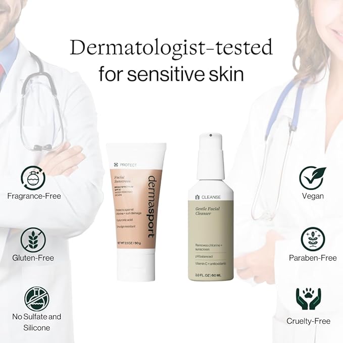 Dermasport Skin Care Set for Athletes: SPF 50 Sport Face Sunscreen &amp Gentle Facial Cleanser - Essential Duo for Pre and Post-Swim Protection &amp Nourishment Designed for Smooth Youthful Skin
