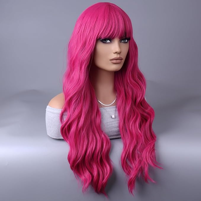 BERON Hot Pink Wigs Long Wavy Women Wigs with Bangs 26 Inches Curly Synthetic for Cosplay Party Wigs Wig Cap Included