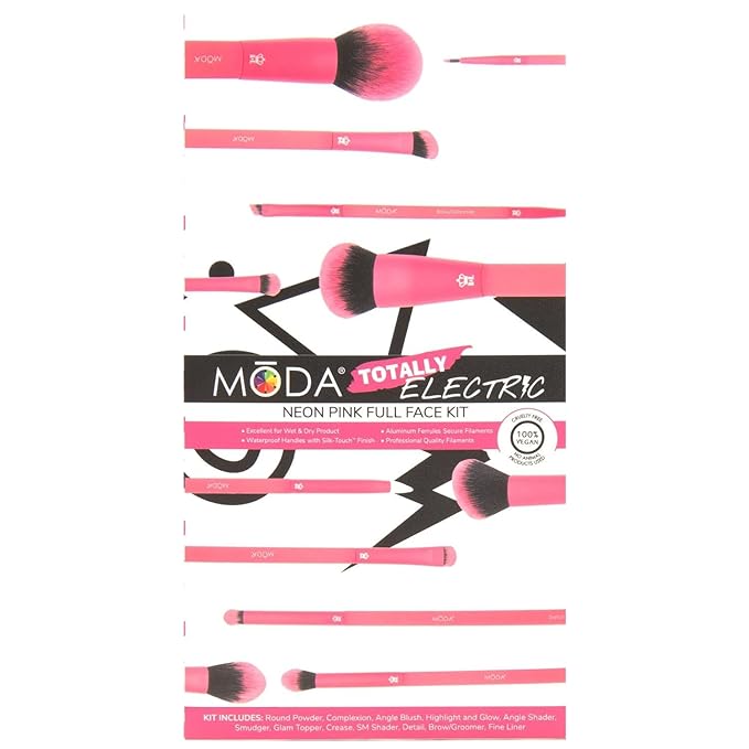 MODA Totally Electric Neon Full Face Makeup Brush Kit ? 13pc Vibrant Brush Set for Face &amp Eyes with Zip Case (Neon Pink)