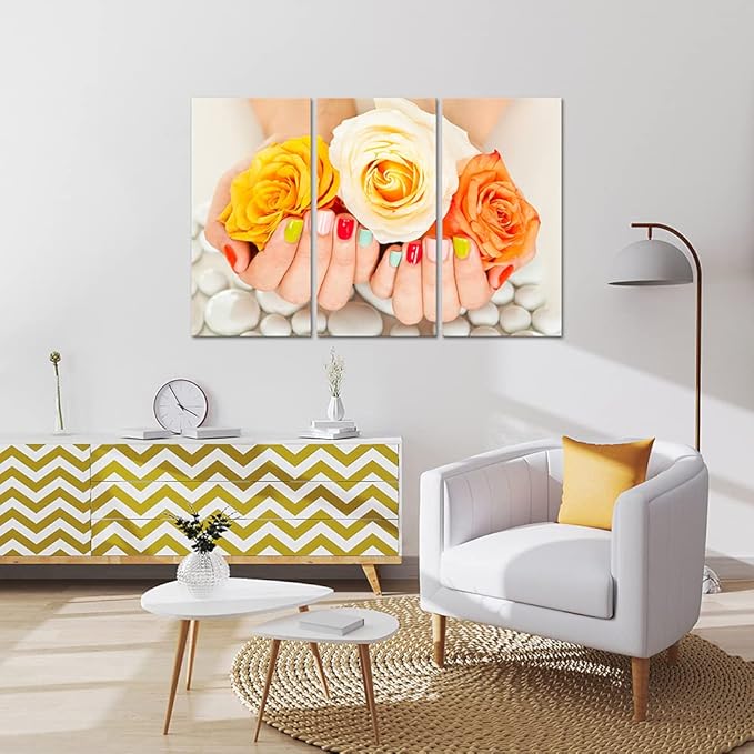 3 Piece Modern Canvas Prints Nail Painting Wall Art Beauty Salon Manicure Concept Wall Decor Hands Spa with Rose Flower Picture Modern Home Bathroom Bedroom Decoration Framed 16x32inchx3pcs