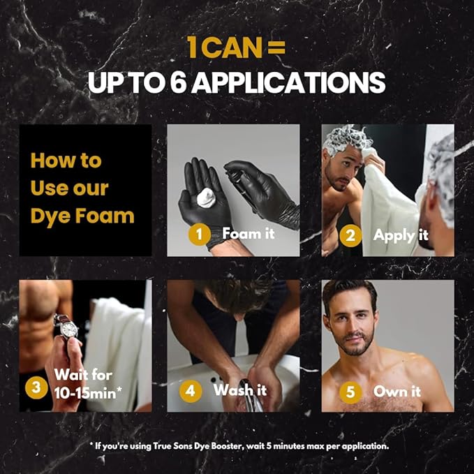 True Sons Hair Dye Foam for Men - Natural Look - Effortless Multi-Use Dye Kit with Instant Color Booster Applicator Ammonia-Free Formula Simpler Hair and Beard Dye (Dark Brown)